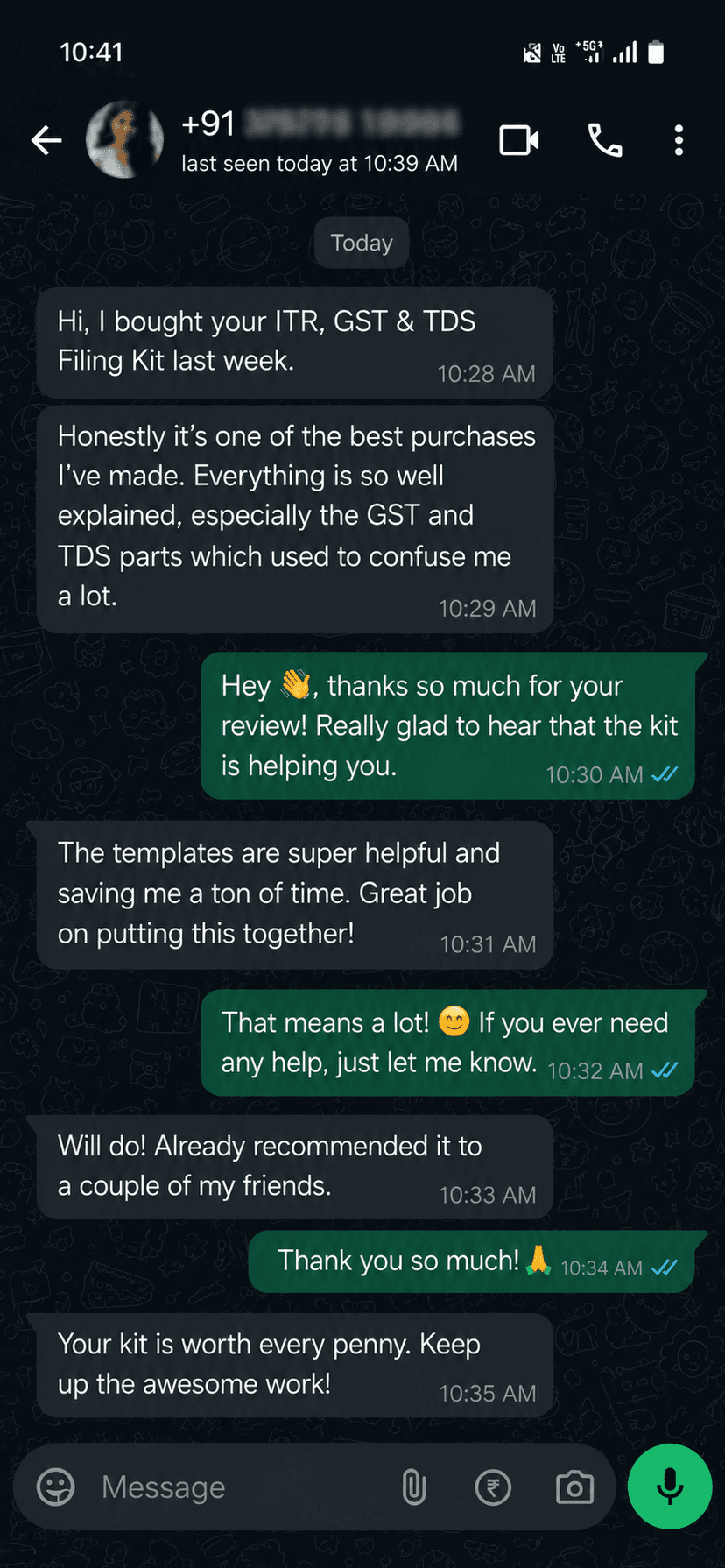 WhatsApp customer review — 'Your kit is worth every penny. Keep up the awesome work!'