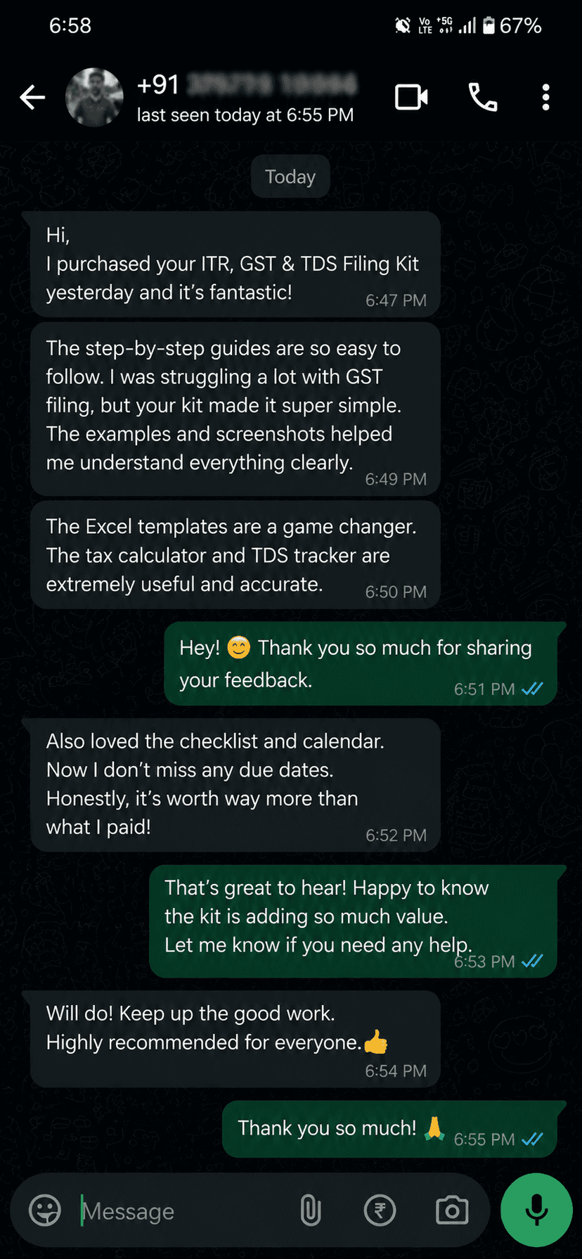 WhatsApp customer review — 'Highly recommended for everyone. The Excel templates are a game changer.'