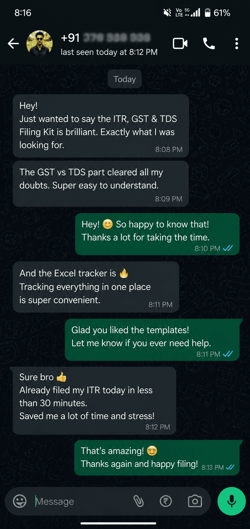 WhatsApp customer review — 'Already filed my ITR today in less than 30 minutes.'